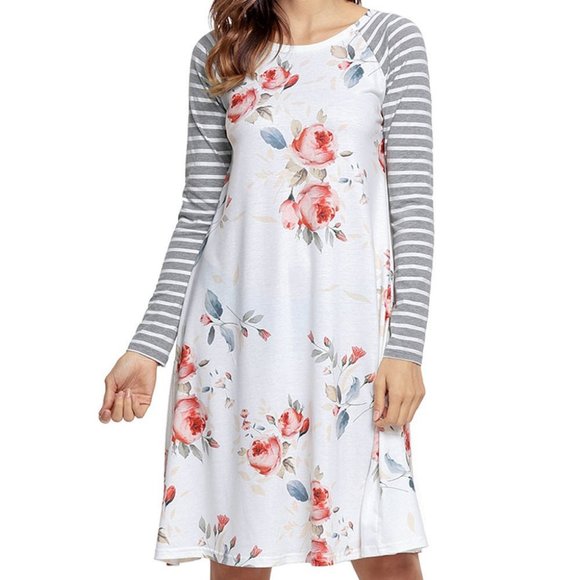 White Floral Print Stripe Raglan 3/4  sleeve Dress - Picture 1 of 5